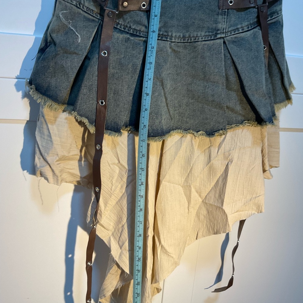 Denim and Beige Layered Skirt with Brown Straps - Picture 2 of 6